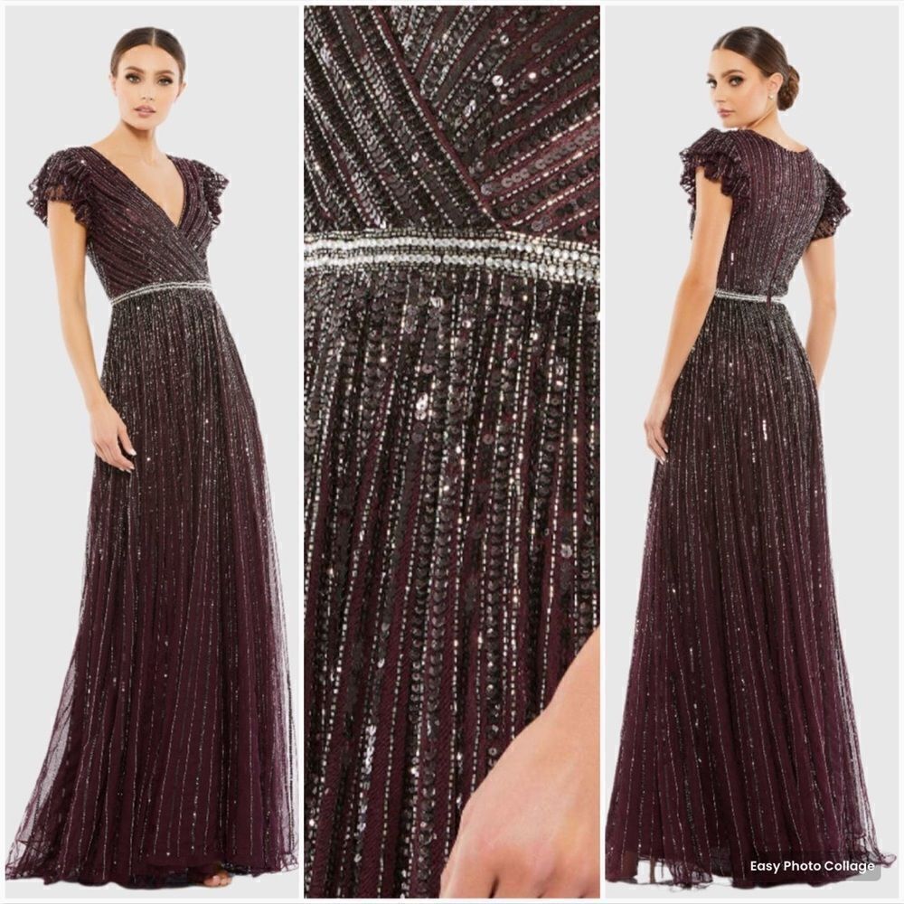 Mac Duggal Womens Purple Sequin Wrap Over Ruffle Cap Sleeve Gown Dress 5502